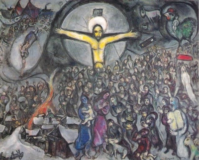 The Exodus (movement of the people), Moses (with the Tablets of the Law), the central yellow Cross without the traditional signs of the passion, the wounds in the hands and chest (the Resurrection, i.e. the Victory over power); the painting teaches that the true worship of God implies breaking the yoke around the neck of the oppressed and set the slaves free.