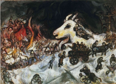 Photo: Marc Chagall - (War -1966). The massacre of the village without any opposition. The little people of the mountain, without defending had been massacred, involving the same children, to honour the principle of non-violence. The Non-defence of children, defenceless is idolatry to a principle sacrificing the community and children themselves (symbolism of the sacrificial goat on the bottom that watches the massacre of villagers with startled look).