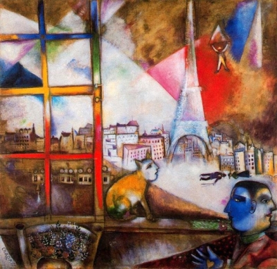 Photo: Marc Chagall (1887-1985) Paris through the window (1913). On the left, below, a human figure with two faces to represent the dual nature of man: who orders and who follows. In the middle the cat humanization of the nomadic nature and not submissive.