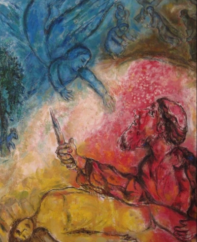 Photo:  Marc Chagall (1960-1966). the sacrifice of Isaac. Abraham is placed in a position of acceptance to the sacrifice, sacrifice that doesn&#039;t happen, then the teaching lies in awareness to acceptance of the sacrifice in which the individual is subjected (exploitation of peoples, fanaticism, wars). &quot;... ideal of sacrifice and pain switches to honour and praise of the exploiting classes, enemies of joy and love for life.&quot;